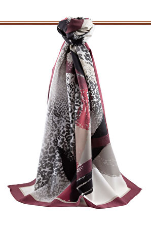 LÜKS MEDİNE İPEĞİ LEOPAR DESENLİ KREM - BORDO RENKLİ 75X195 KIRIŞMAZ ŞAL MOSS KREP DİKİŞ TİPİ İTALYAN DİKİŞLİ