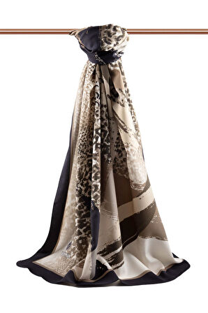 LÜKS MEDİNE İPEĞİ LEOPAR DESENLİ BEJ - SİYAH RENKLİ 75X195 KIRIŞMAZ ŞAL MOSS KREP DİKİŞ TİPİ İTALYAN DİKİŞLİ