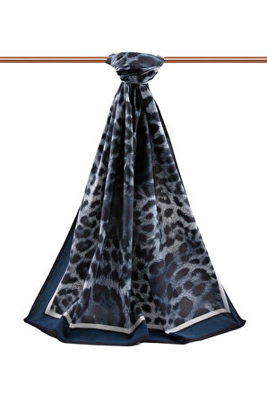 LÜKS MEDİNE İPEĞİ LEOPAR DESENLİ PETROL MAVİSİ RENKLİ 75X195 KIRIŞMAZ ŞAL MOSS KREP DİKİŞ TİPİ İTALYAN DİKİŞLİ