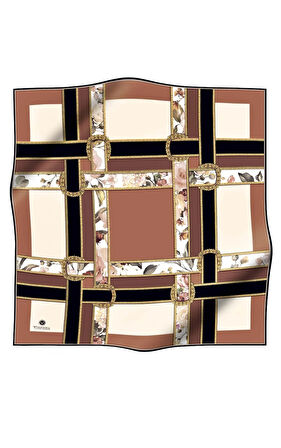 100% Twill İpek Şeritli Çiçek Desenli Bakır - Krem Renkli 90x90 Dikim Şekli : El Dikişi Eşarp