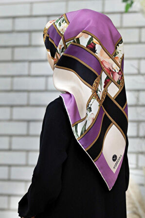 100% Twill İpek Şeritli Çiçek Desenli Lila - Krem Renkli 90x90 Dikim Şekli : El Dikişi Eşarp