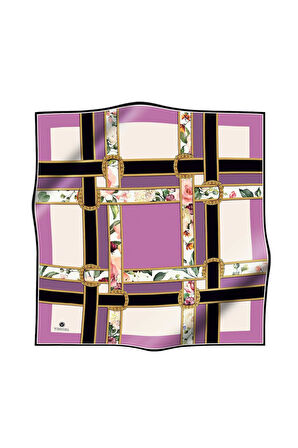 100% Twill İpek Şeritli Çiçek Desenli Lila - Krem Renkli 90x90 Dikim Şekli : El Dikişi Eşarp