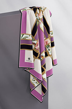 100% Twill İpek Şeritli Çiçek Desenli Lila - Krem Renkli 90x90 Dikim Şekli : El Dikişi Eşarp