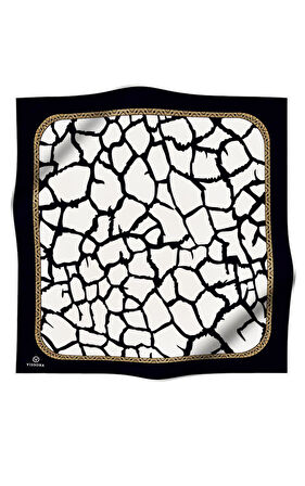 %100 Twill Taş Desenli Krem - Siyah Renkli 90x90 Eşarp Dikim Şekli: El Dikişi
