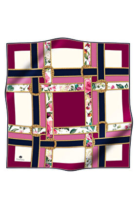 100% Twill İpek Şeritli Çiçek Desenli Fuşya - Lacivert Renkli 90x90 Dikim Şekli : El Dikişi Eşarp