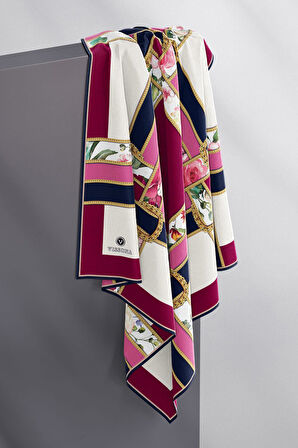 100% Twill İpek Şeritli Çiçek Desenli Fuşya - Lacivert Renkli 90x90 Dikim Şekli : El Dikişi Eşarp