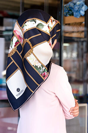 100% Twill İpek Şeritli Çiçek Desenli Lacivert - Krem Renkli 90x90 Dikim Şekli : El Dikişi Eşarp