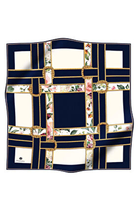 100% Twill İpek Şeritli Çiçek Desenli Lacivert - Krem Renkli 90x90 Dikim Şekli : El Dikişi Eşarp