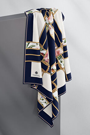 100% Twill İpek Şeritli Çiçek Desenli Lacivert - Krem Renkli 90x90 Dikim Şekli : El Dikişi Eşarp