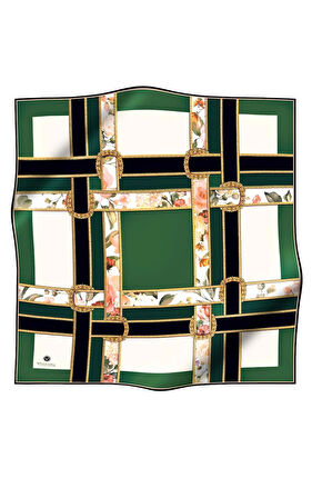 100% Twill İpek Şeritli Çiçek Desenli Zümrüt Yeşili - Krem Renkli 90x90 Dikim Şekli : El Dikişi Eşarp