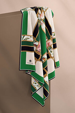 100% Twill İpek Şeritli Çiçek Desenli Zümrüt Yeşili - Krem Renkli 90x90 Dikim Şekli : El Dikişi Eşarp