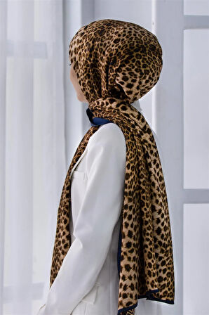 LÜKS MEDİNE BAROK BARDÜRLÜ LEOPAR DESENLİ HARDAL - LACİVERT RENKLİ 75X195 KIRIŞMAZ ŞAL MOSS KREP DİKİŞ TİPİ İTALYAN DİKİŞLİ