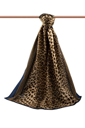 LÜKS MEDİNE BAROK BARDÜRLÜ LEOPAR DESENLİ HARDAL - LACİVERT RENKLİ 75X195 KIRIŞMAZ ŞAL MOSS KREP DİKİŞ TİPİ İTALYAN DİKİŞLİ