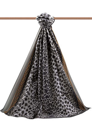 LÜKS MEDİNE BAROK BARDÜRLÜ LEOPAR DESENLİ GRİ - GRİ RENKLİ 75X195 KIRIŞMAZ ŞAL MOSS KREP DİKİŞ TİPİ İTALYAN DİKİŞLİ