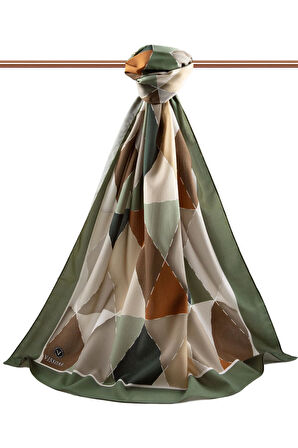 LÜKS MEDİNE ÜÇGEN YAMA DESENLİ HAKİ YEŞİLİ RENKLİ 75X195 KIRIŞMAZ ŞAL MOSS KREP DİKİŞ TİPİ İTALYAN DİKİŞLİ