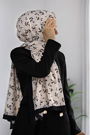 LÜKS MEDİNE YAPRAK DESENLİ KREM RENKLİ 75X195 KIRIŞMAZ ŞAL MOSS KREP DİKİŞ TİPİ İTALYAN DİKİŞLİ