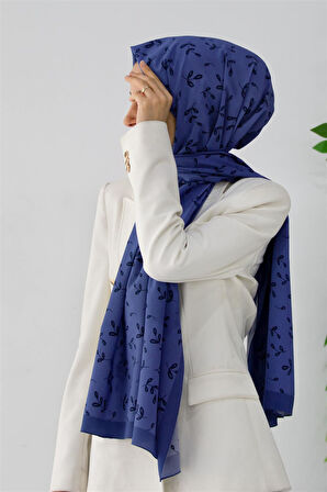 LÜKS MEDİNE YAPRAK DESENLİ İNDİGO RENKLİ 75X195 KIRIŞMAZ ŞAL MOSS KREP DİKİŞ TİPİ İTALYAN DİKİŞLİ