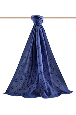 LÜKS MEDİNE YAPRAK DESENLİ İNDİGO RENKLİ 75X195 KIRIŞMAZ ŞAL MOSS KREP DİKİŞ TİPİ İTALYAN DİKİŞLİ