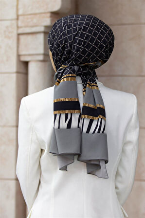 LÜKS MEDİNE ZEBRALI BAKLAVA DESENLİ GÜMÜŞ RENKLİ 75X195 KIRIŞMAZ ŞAL MOSS KREP DİKİŞ TİPİ İTALYAN DİKİŞLİ