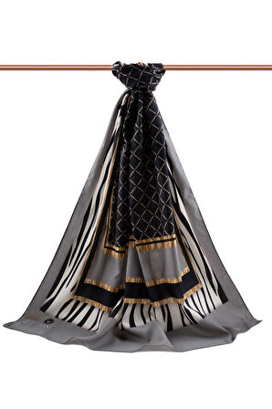 LÜKS MEDİNE ZEBRALI BAKLAVA DESENLİ GÜMÜŞ RENKLİ 75X195 KIRIŞMAZ ŞAL MOSS KREP DİKİŞ TİPİ İTALYAN DİKİŞLİ