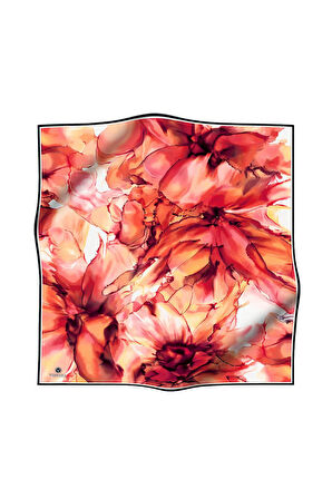 %100 Twill İpek Batik Çiçek Desenli Hardal - Kırmızı Renkli 90x90 Eşarp Kenar Dikiş Şekli El Dikişli