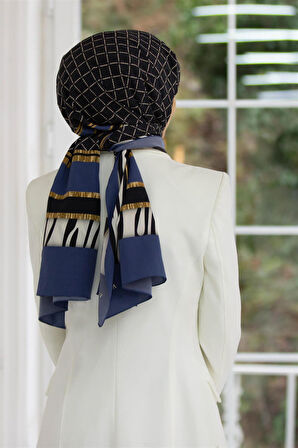 LÜKS MEDİNE ZEBRALI BAKLAVA DESENLİ İNDİGO RENKLİ 75X195 KIRIŞMAZ ŞAL MOSS KREP DİKİŞ TİPİ İTALYAN DİKİŞLİ