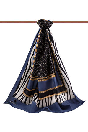 LÜKS MEDİNE ZEBRALI BAKLAVA DESENLİ İNDİGO RENKLİ 75X195 KIRIŞMAZ ŞAL MOSS KREP DİKİŞ TİPİ İTALYAN DİKİŞLİ