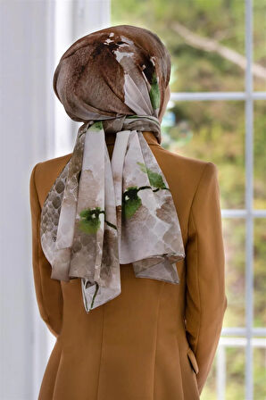 LÜKS MEDİNE SULU BOYA ÇİÇEK DESENLİ BEJ RENKLİ 75X195 KIRIŞMAZ ŞAL MOSS KREP DİKİŞ TİPİ İTALYAN DİKİŞLİ