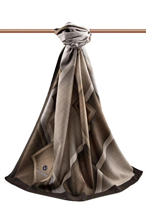 LÜKS MEDİNE İPEĞİ DOKULU KARO DESENLİ BEJ - KAHVERENGİ RENKLİ 75X195 KIRIŞMAZ ŞAL MOSS KREP DİKİŞ TİPİ İTALYAN DİKİŞLİ