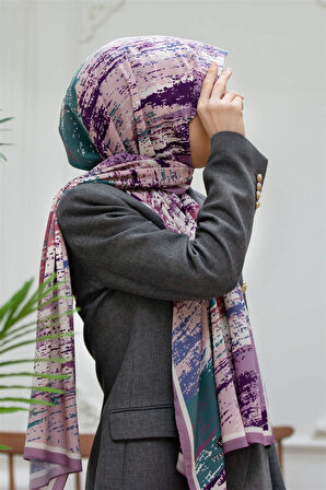 LÜKS MEDİNE İPEĞİ FIRÇA DESENLİ LİLA RENKLİ 75X195 KIRIŞMAZ ŞAL MOSS KREP DİKİŞ TİPİ İTALYAN DİKİŞLİ