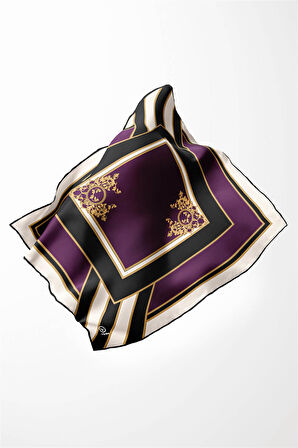 Twill Barok Desenli Mürdüm - Siyah Renkli 90x90 Eşarp (İpek İçermez) Dikim Şekli : El Dikişi