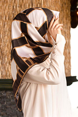 Twill Kemer Desenli Bej - Taba Renkli 90x90 Eşarp (İpek İçermez) Dikim Şekli : El Dikişi