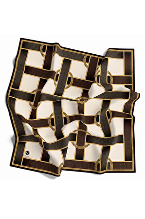 Twill Kemer Desenli Bej - Taba Renkli 90x90 Eşarp (İpek İçermez) Dikim Şekli : El Dikişi