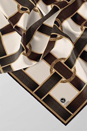 Twill Kemer Desenli Bej - Taba Renkli 90x90 Eşarp (İpek İçermez) Dikim Şekli : El Dikişi