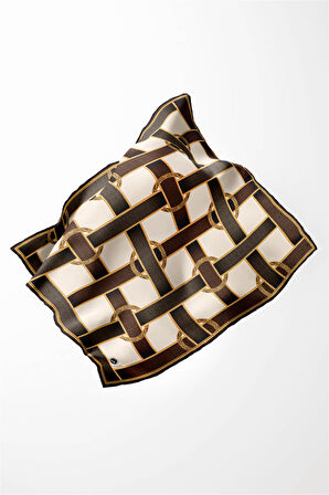 Twill Kemer Desenli Bej - Taba Renkli 90x90 Eşarp (İpek İçermez) Dikim Şekli : El Dikişi