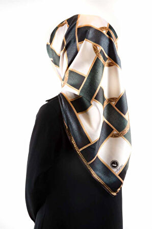 Twill Kemer Desenli İndigo - Petrol Yeşili Renkli 90x90 Eşarp (İpek İçermez) Dikim Şekli : El Dikişi