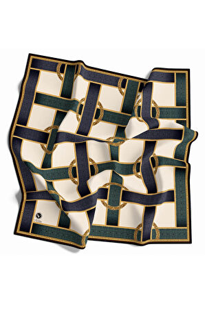 Twill Kemer Desenli İndigo - Petrol Yeşili Renkli 90x90 Eşarp (İpek İçermez) Dikim Şekli : El Dikişi