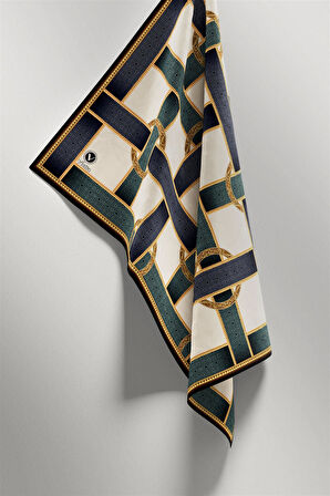 Twill Kemer Desenli İndigo - Petrol Yeşili Renkli 90x90 Eşarp (İpek İçermez) Dikim Şekli : El Dikişi