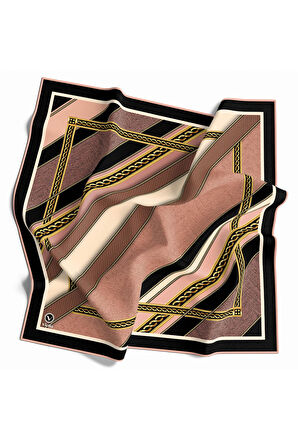Twill Gold Çerçeveli Renkli Şerit Desenli Pudra Renkli 90x90 Eşarp (İpek İçermez) Dikim Şekli : El Dikişi