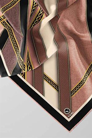 Twill Gold Çerçeveli Renkli Şerit Desenli Pudra Renkli 90x90 Eşarp (İpek İçermez) Dikim Şekli : El Dikişi
