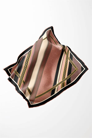 Twill Gold Çerçeveli Renkli Şerit Desenli Pudra Renkli 90x90 Eşarp (İpek İçermez) Dikim Şekli : El Dikişi