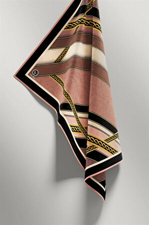 Twill Gold Çerçeveli Renkli Şerit Desenli Pudra Renkli 90x90 Eşarp (İpek İçermez) Dikim Şekli : El Dikişi