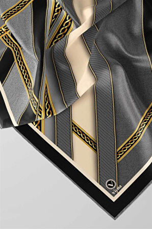 Twill Gold Çerçeveli Renkli Şerit Desenli Gri Renkli 90x90 Eşarp (İpek İçermez) Dikim Şekli : El Dikişi