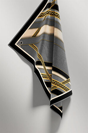 Twill Gold Çerçeveli Renkli Şerit Desenli Gri Renkli 90x90 Eşarp (İpek İçermez) Dikim Şekli : El Dikişi