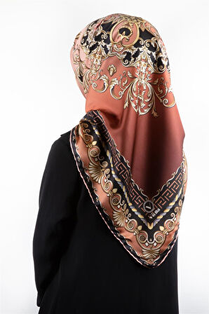 Twill Barok Desenli Taba Renkli 90x90 Eşarp (İpek İçermez) Dikim Şekli : El Dikişi