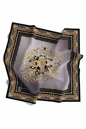 Twill Barok Desenli Füme Renkli 90x90 Eşarp (İpek İçermez) Dikim Şekli : El Dikişi