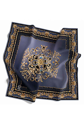 Twill Barok Desenli İndigo Renkli 90x90 Eşarp (İpek İçermez) Dikim Şekli : El Dikişi