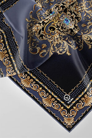 Twill Barok Desenli İndigo Renkli 90x90 Eşarp (İpek İçermez) Dikim Şekli : El Dikişi