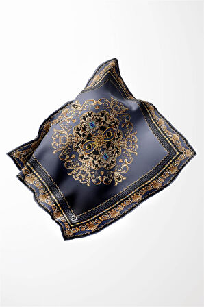 Twill Barok Desenli İndigo Renkli 90x90 Eşarp (İpek İçermez) Dikim Şekli : El Dikişi