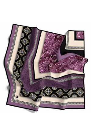 Twill Leopar ve Barok Desenli Lila Renkli 90x90 Eşarp (İpek İçermez) Dikim Şekli : El Dikişi